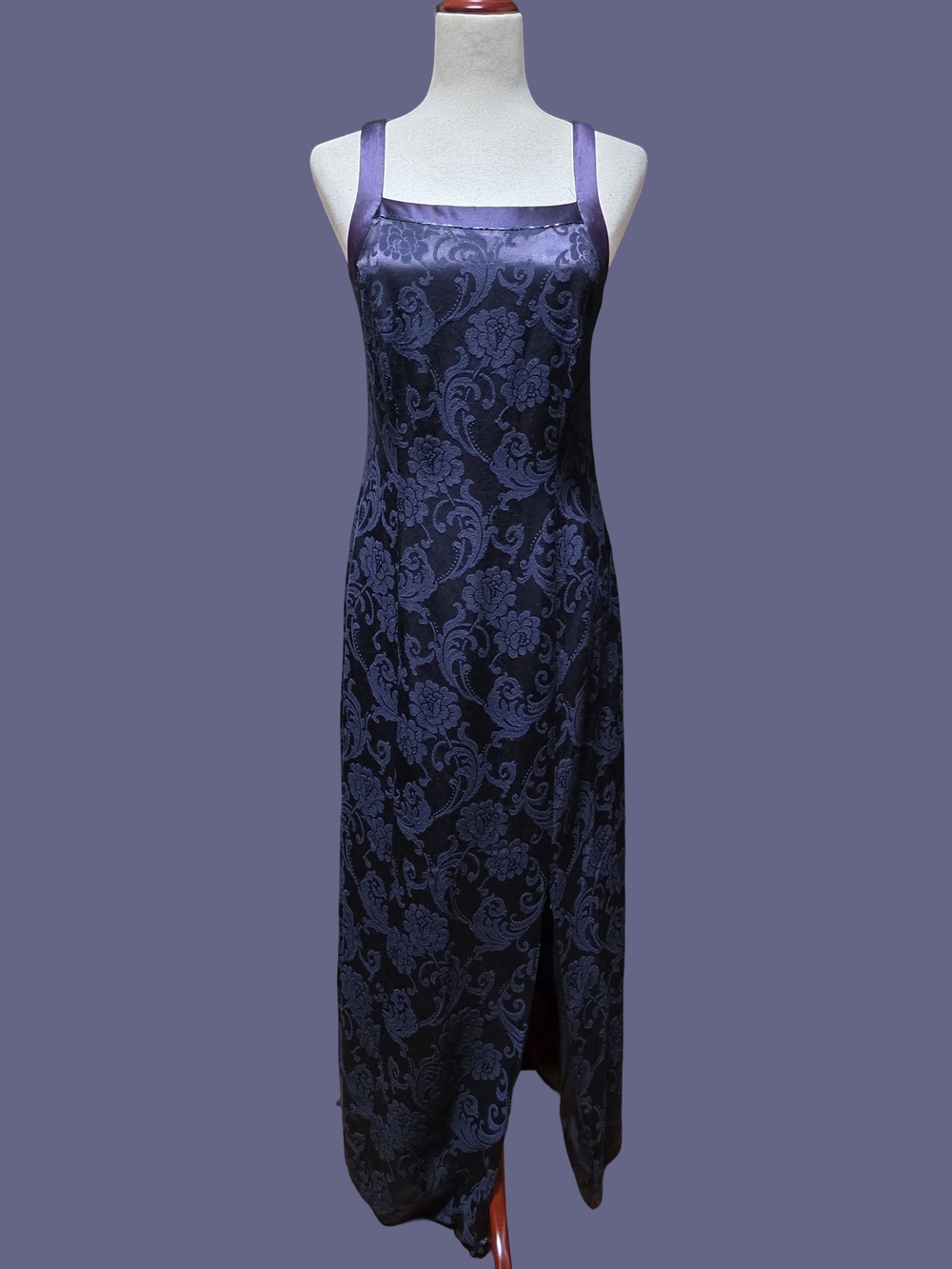 Vintage 90s Y2K CDC Dark Blue Purple Jaquard Floral Beaded Formal Dress